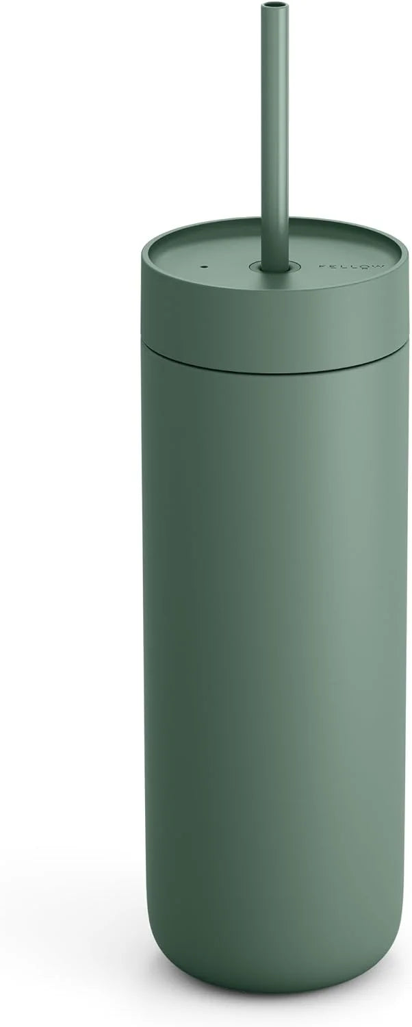 Fellow 20 oz Carter Cold Tumbler – Spill-Resistant Straw Lid, Stainless Steel Vacuum-Insulated Cup with Ceramic Interior and Reusable Straw for Cold Drinks,Fits Cup Holders,Dishwasher Safe,Smoke Green