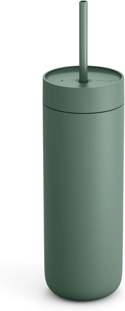 Fellow 20 oz Carter Cold Tumbler – Spill-Resistant Straw Lid, Stainless Steel Vacuum-Insulated Cup with Ceramic Interior and Reusable Straw for Cold Drinks,Fits Cup Holders,Dishwasher Safe,Smoke Green