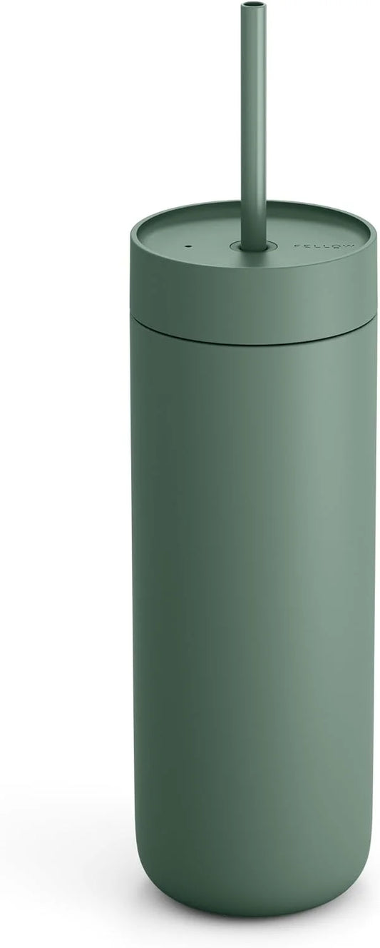Fellow 20 oz Carter Cold Tumbler – Spill-Resistant Straw Lid, Stainless Steel Vacuum-Insulated Cup with Ceramic Interior and Reusable Straw for Cold Drinks,Fits Cup Holders,Dishwasher Safe,Smoke Green
