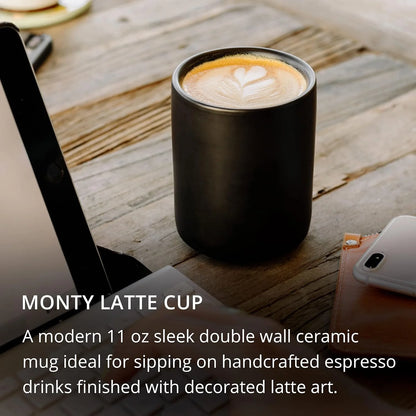 Fellow Monty Milk Art Cups - Double Wall Ceramic Latte Mug, 11 oz - Matte Black & White with Graphite & Copper Base - Set of 2