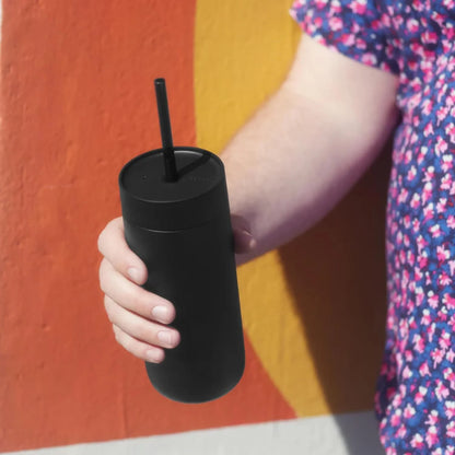 Fellow 20 oz Carter Cold Tumbler – Spill-Resistant Straw Lid, Stainless Steel Vacuum-Insulated Cup with Ceramic Interior and Reusable Straw for Cold Drinks,Fits Cup Holders,Dishwasher Safe,Matte Black