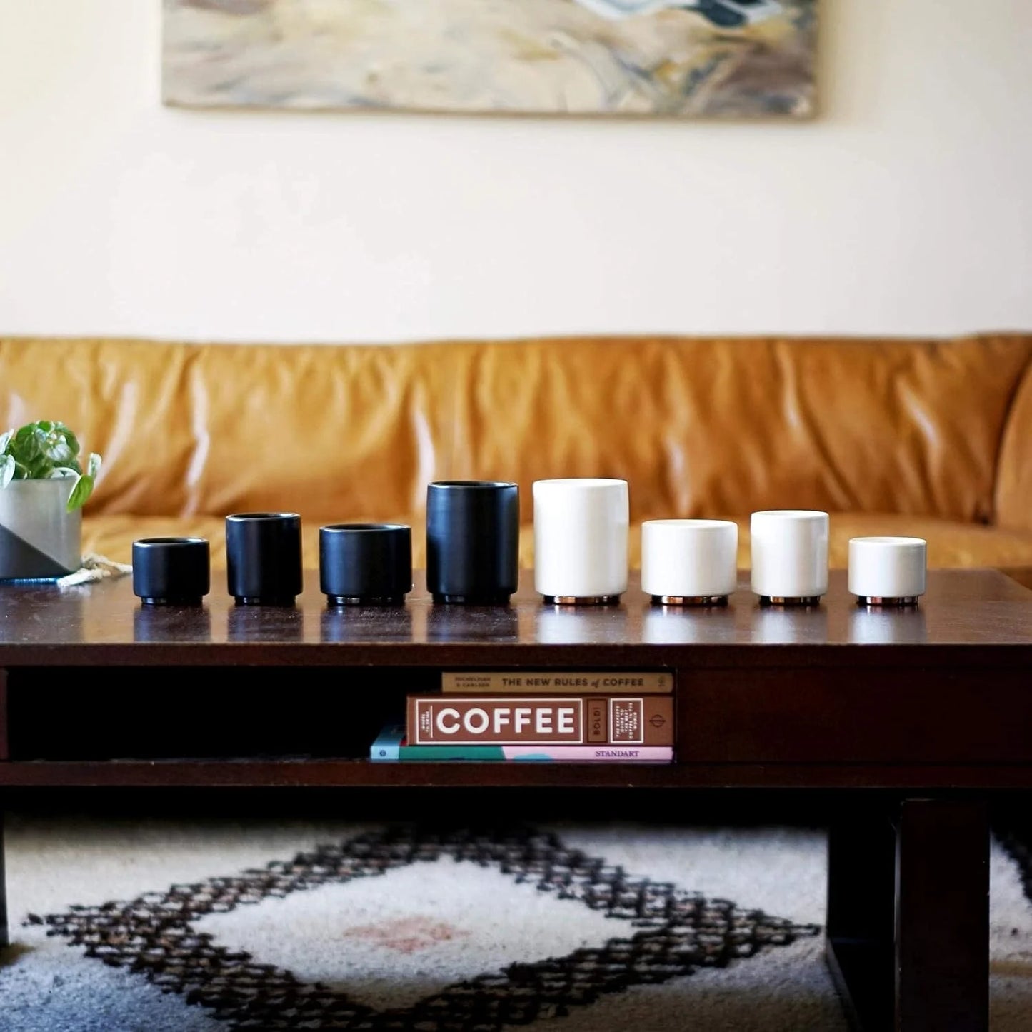 Fellow Monty Milk Art Cups - Double Wall Ceramic Latte Mug, 11 oz - Matte Black & White with Graphite & Copper Base - Set of 2