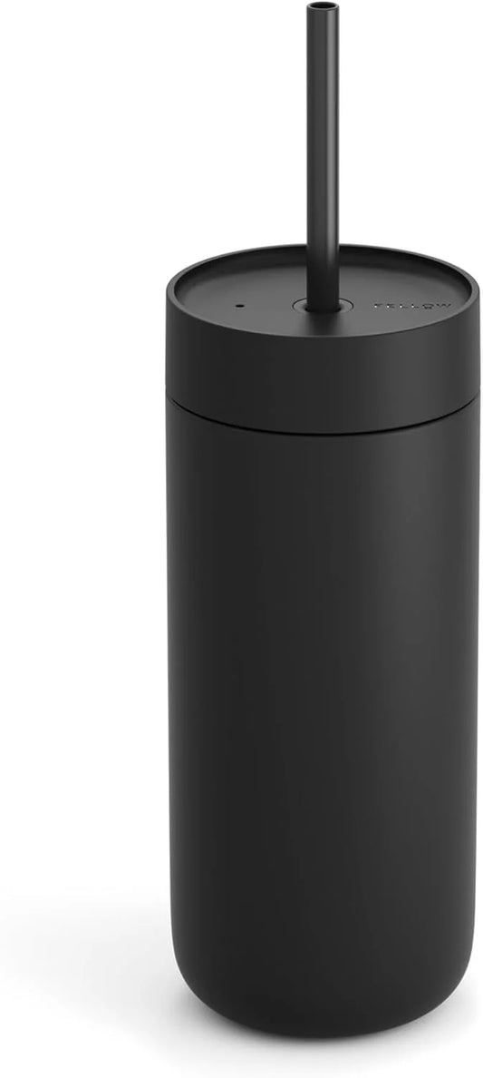 Fellow 20 oz Carter Cold Tumbler – Spill-Resistant Straw Lid, Stainless Steel Vacuum-Insulated Cup with Ceramic Interior and Reusable Straw for Cold Drinks,Fits Cup Holders,Dishwasher Safe,Matte Black