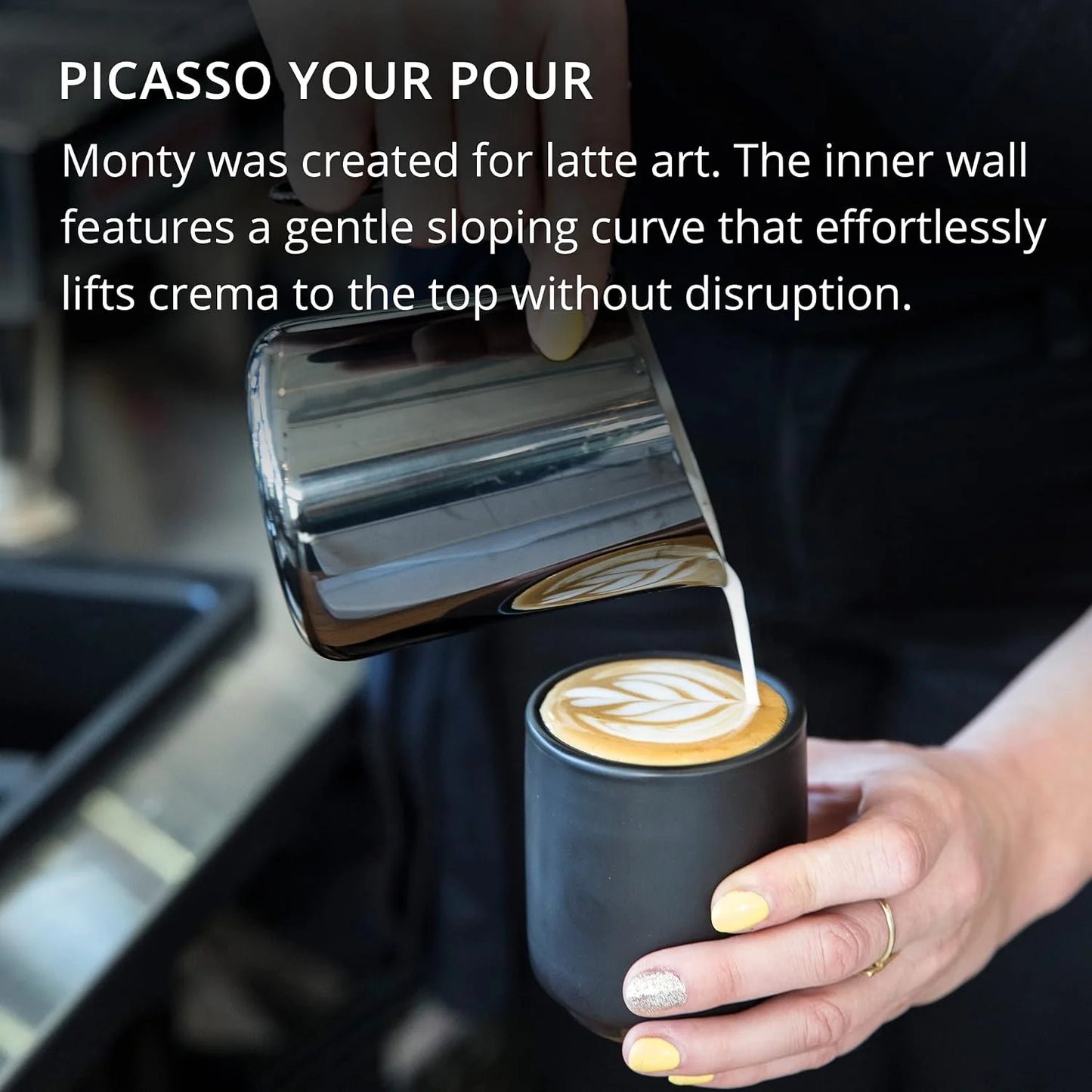 Fellow Monty Milk Art Cups - Double Wall Ceramic Latte Mug, 11 oz - Matte Black & White with Graphite & Copper Base - Set of 2
