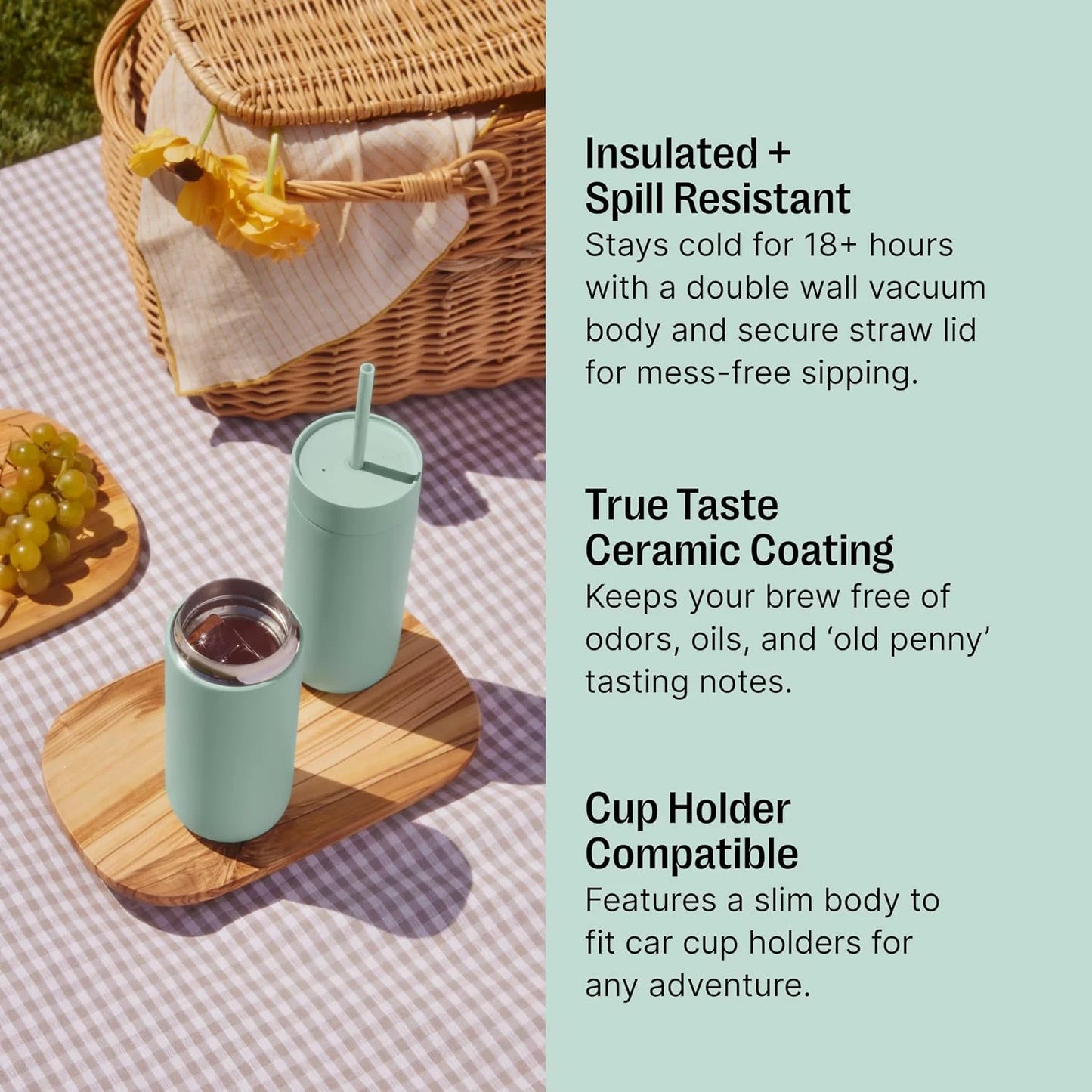 Fellow 20 oz Carter Cold Tumbler – Spill-Resistant Straw Lid, Stainless Steel Vacuum-Insulated Cup with Ceramic Interior and Reusable Straw for Cold Drinks,Fits Cup Holders,Dishwasher Safe,Smoke Green