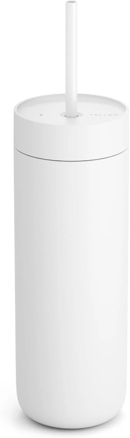 Fellow 20 oz Carter Cold Tumbler – Spill-Resistant Straw Lid, Stainless Steel Vacuum-Insulated Cup with Ceramic Interior and Reusable Straw for Cold Drinks,Fits Cup Holders,Dishwasher Safe,Matte White